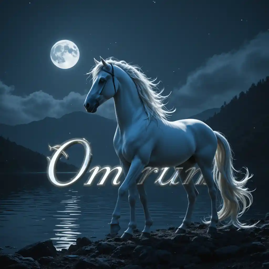 月明かりの湖畔に立つ白馬と光る「omrum」の文字