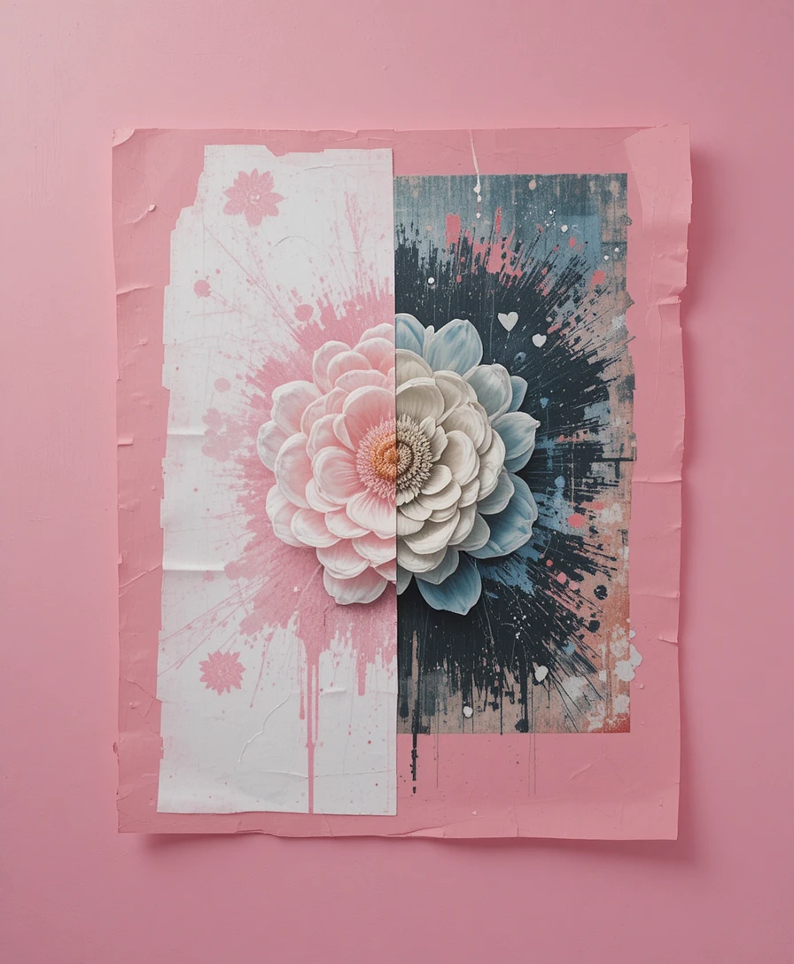 Stencil flower collage on pastel hot pink background