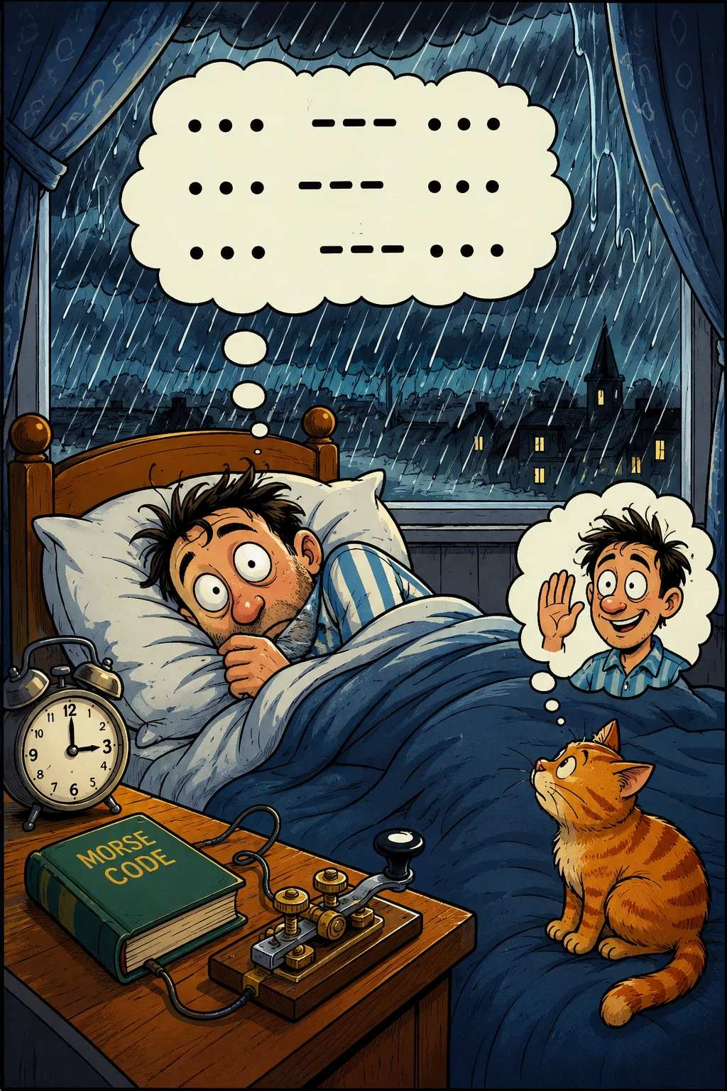 Homem de desenho animado ouvindo seu nome na chuva rítmica