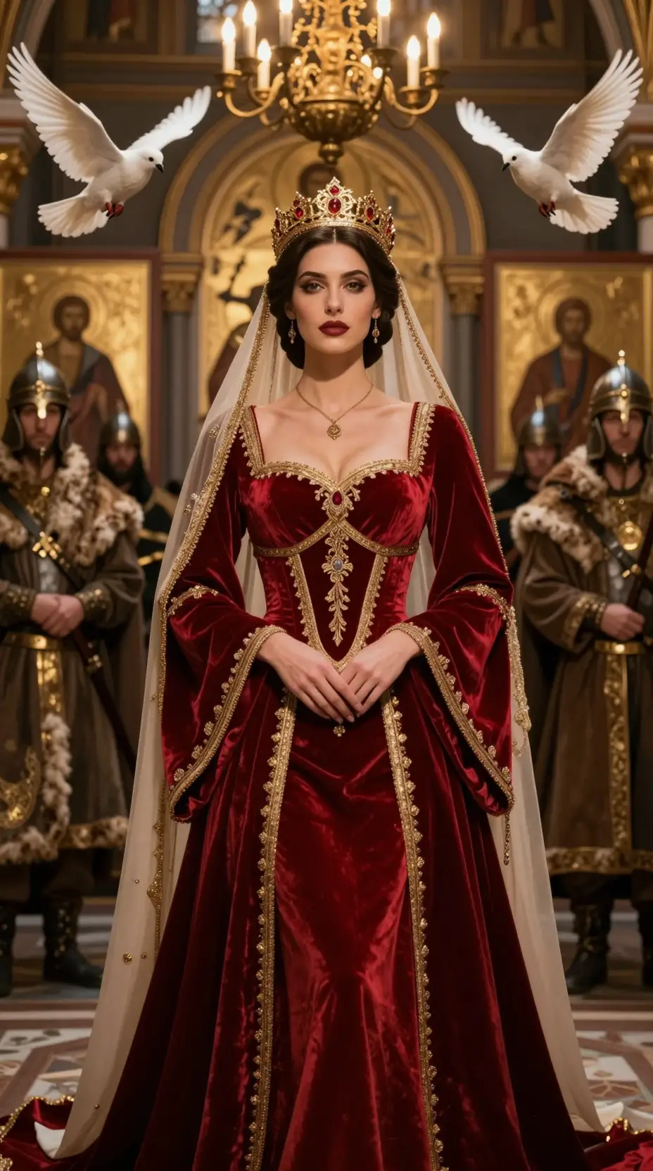 Regal medieval queen in red velvet gown beneath golden crown