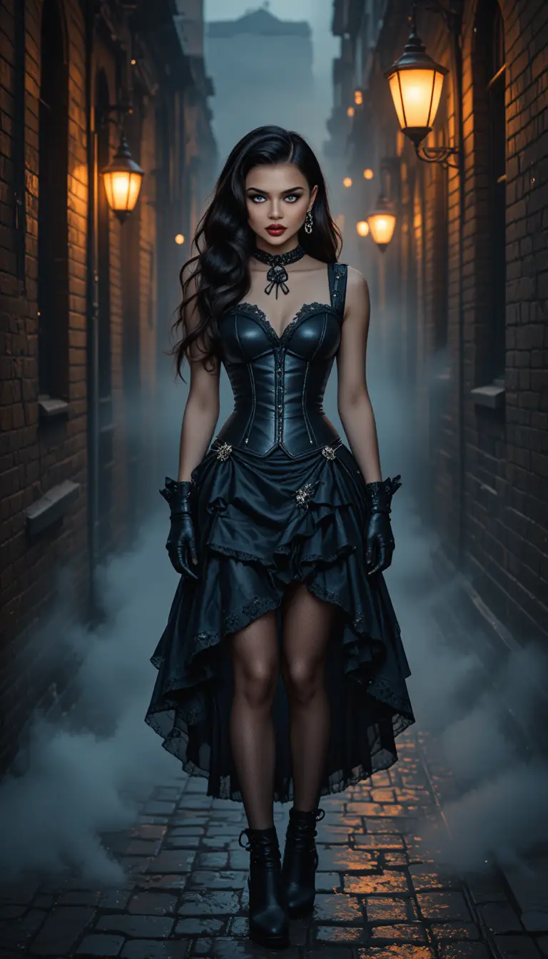 Elegant woman in steampunk black dress in misty alley