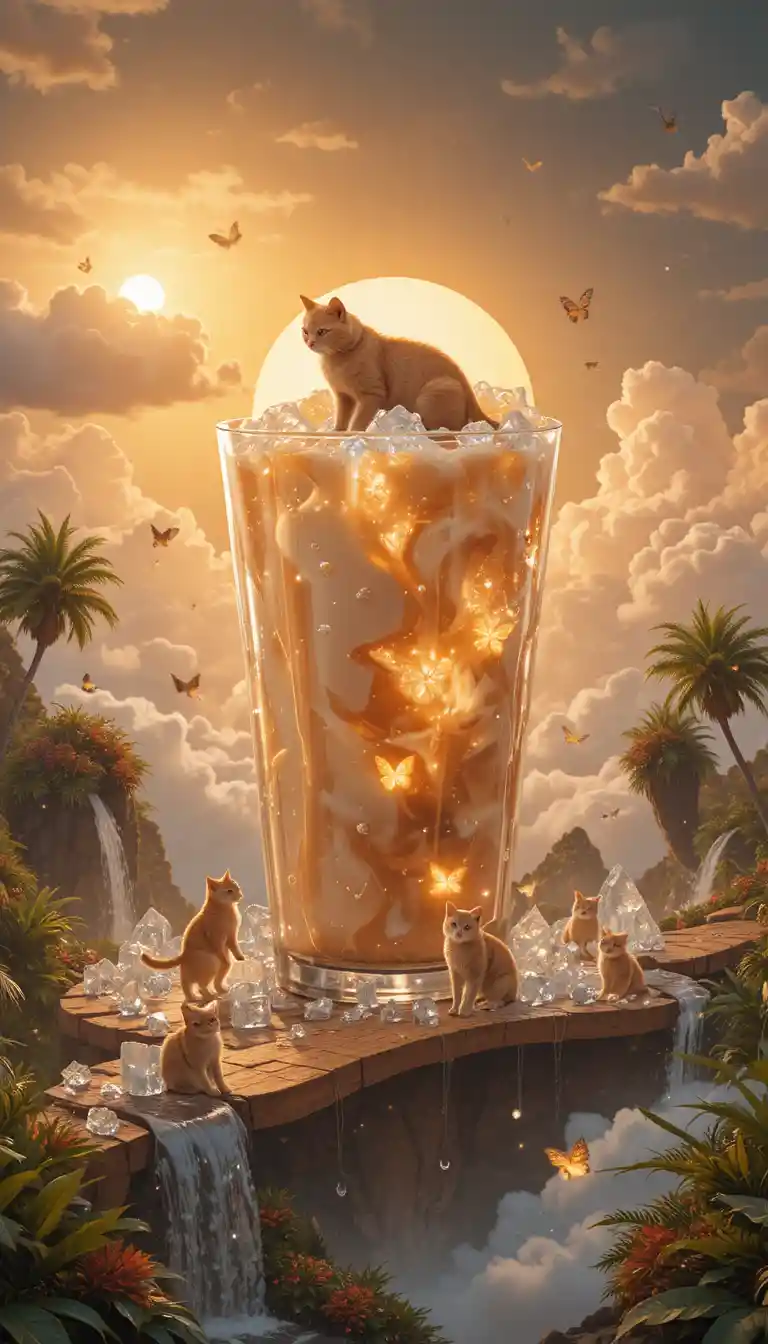 Latte gelado gigante flutuando sobre um jardim de verão mágico