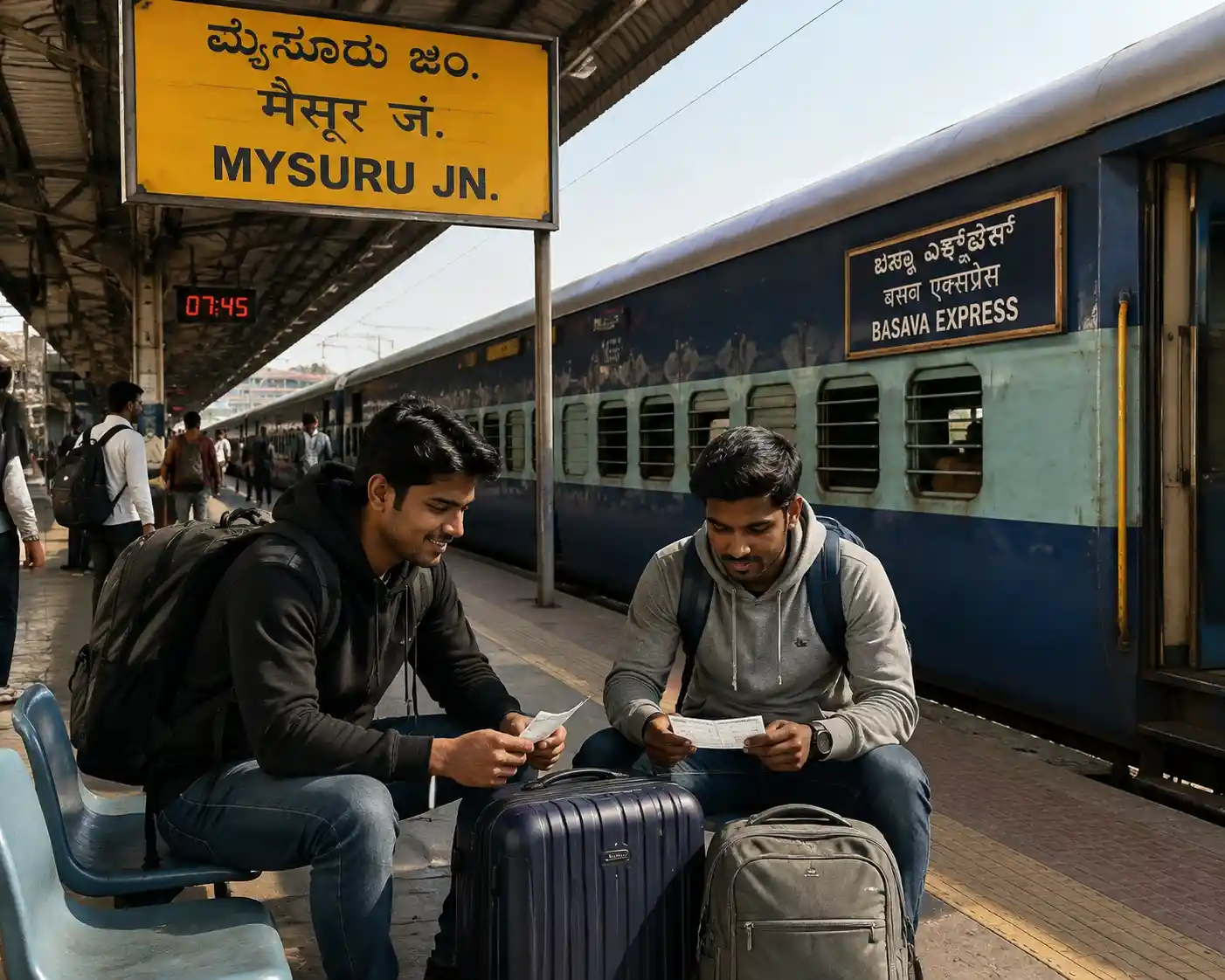 Passeggeri che salgono su un treno nella trafficata stazione ferroviaria di Mysuru