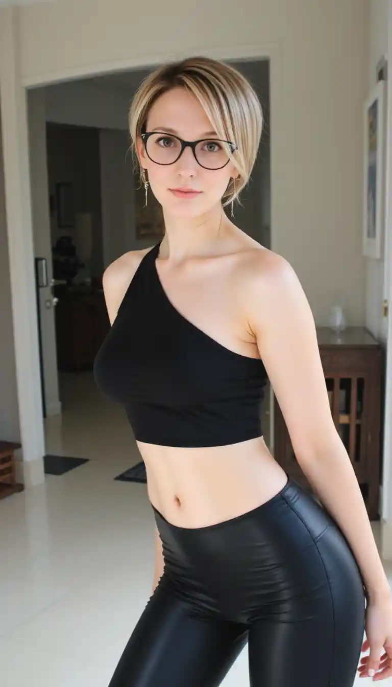 Garota loira sorridente de top cropped inclinando-se para a frente