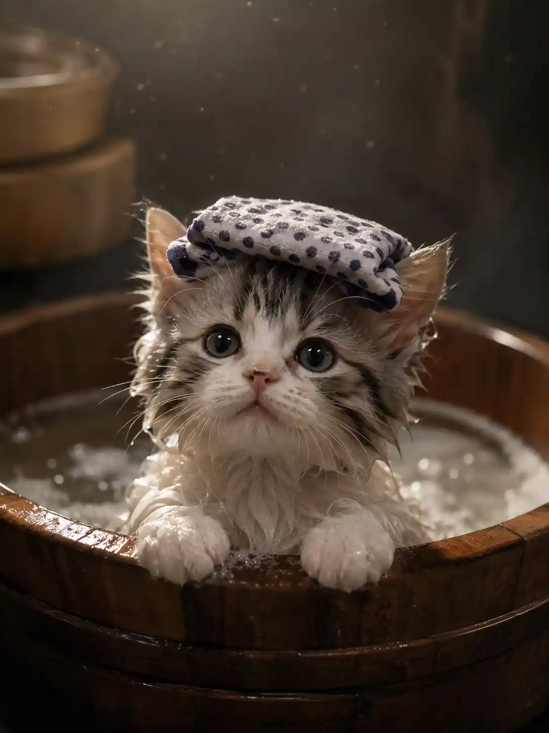 Cinematic photo of a kitten bathing with towel on head