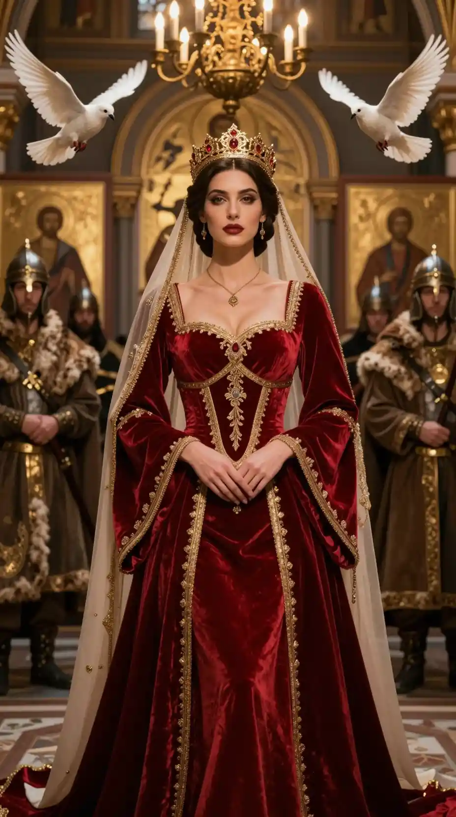 Regal medieval queen in red velvet gown beneath golden crown