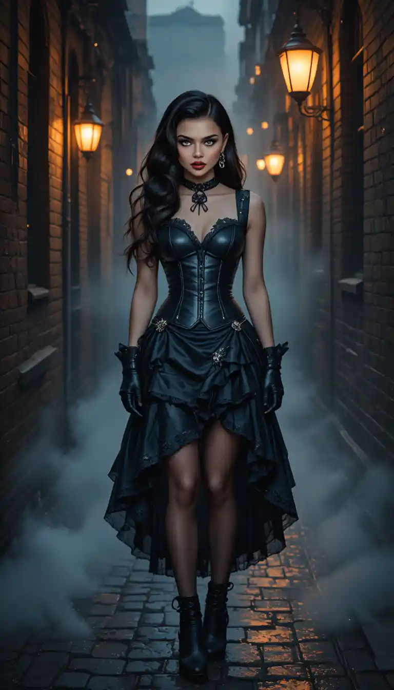 Elegant woman in steampunk black dress in misty alley