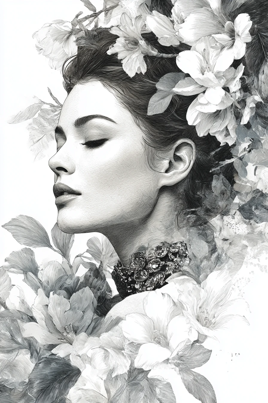 Retrato digital floral de uma diva russa adornada com joias