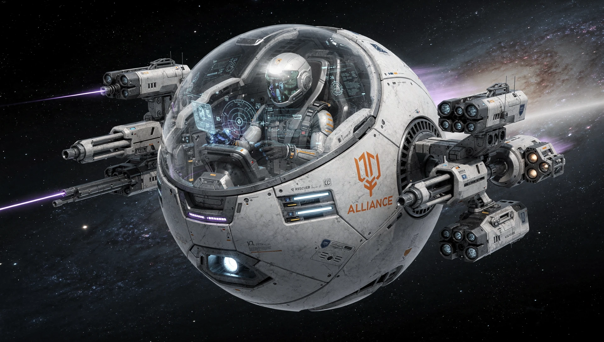 Kugelförmiger Einsitzer-Weltraumjäger mit sichtbarem Piloten-Cockpit
