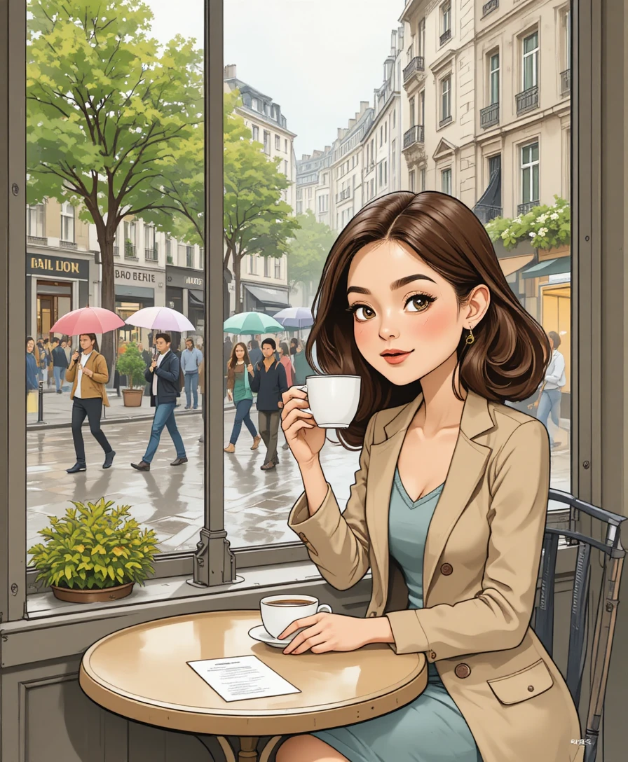 Young woman sipping coffee at paris streetside cafe