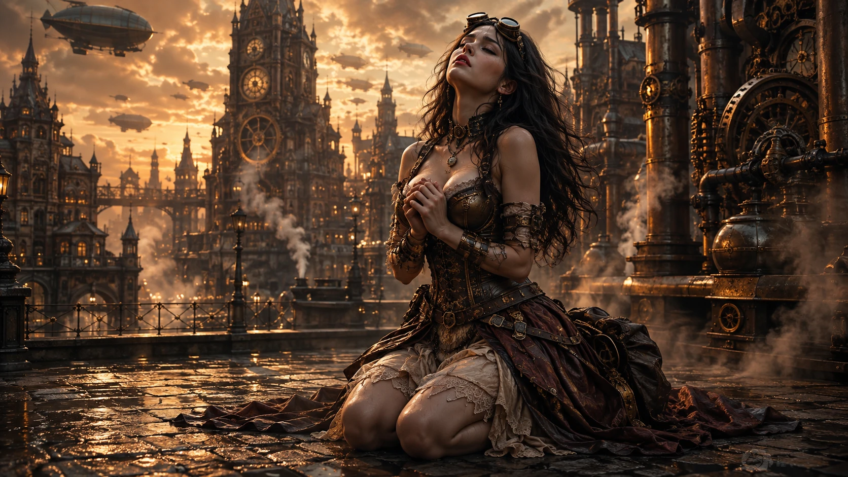 Devoted woman kneeling on cobblestones in steampunk city