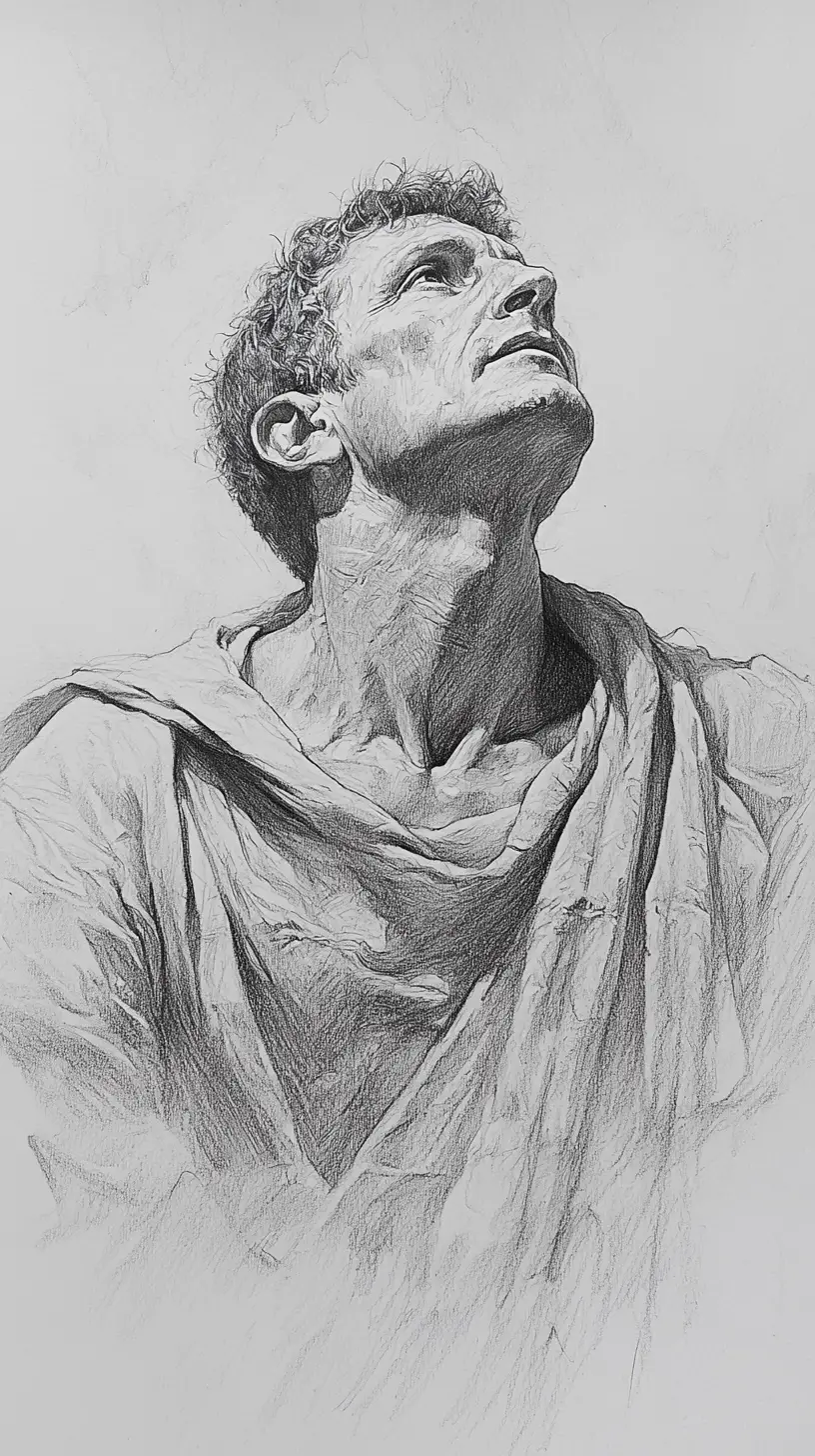 Somber pencil portrait of a noble man in classical robe
