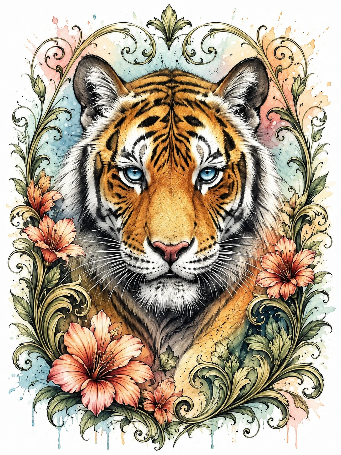 Ink drawing enriched with soft flowing watercolor color