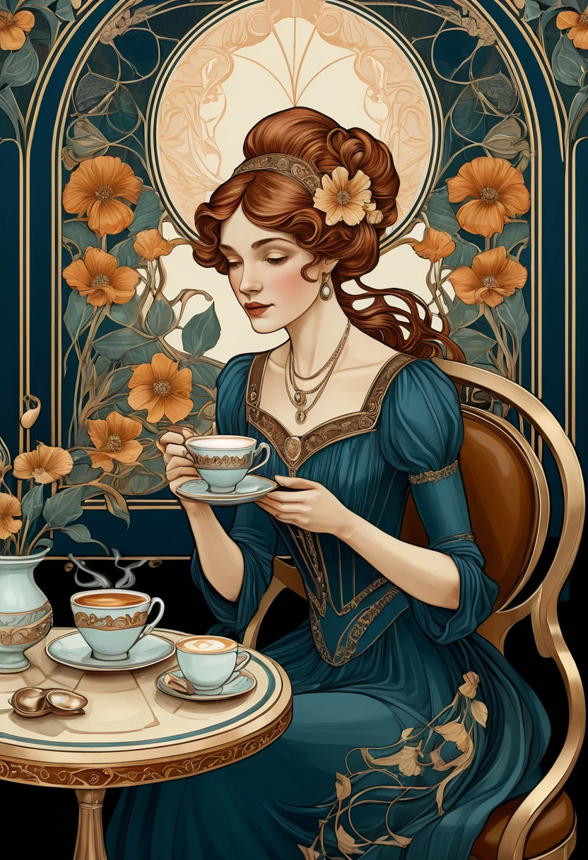 Elegante mulher art nouveau tomando café em um café