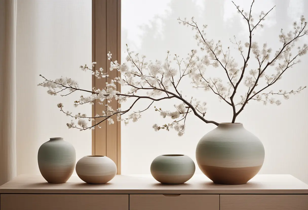 Serene Japandi interior with ceramics and soft natural light