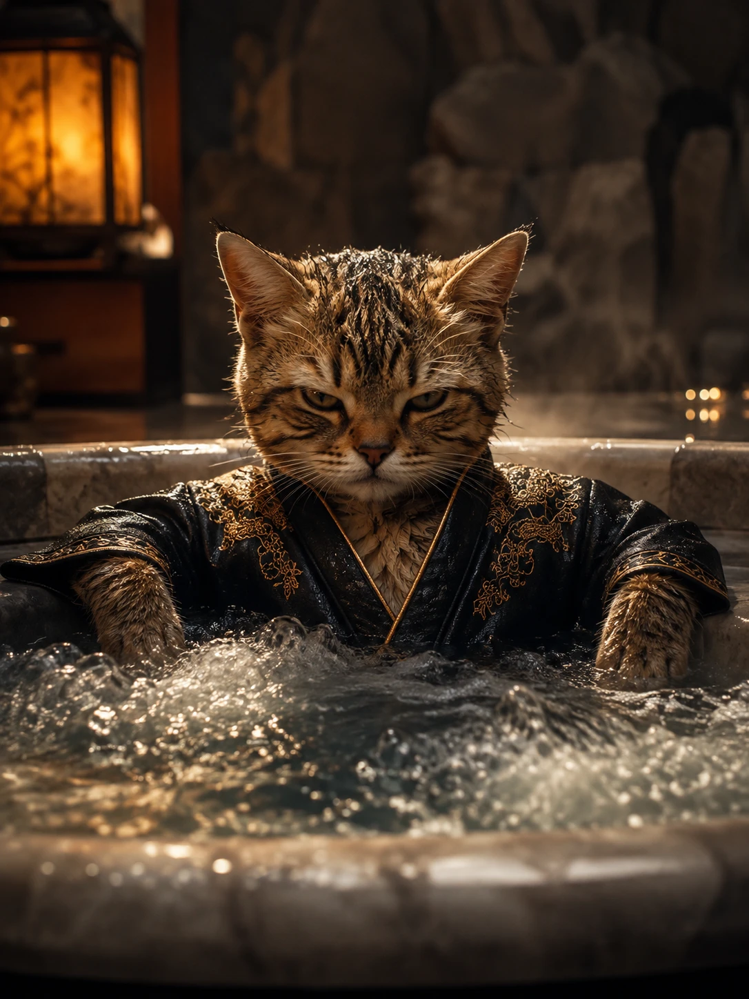 Foto cinematográfica de um pequeno gato relaxando em uma jacuzzi