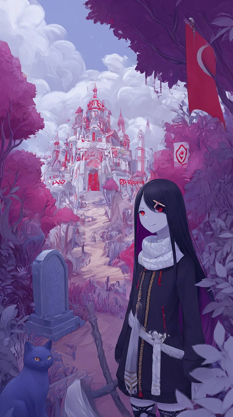 Caminho de fantasia roxo com árvores negras e estátua de gato azul