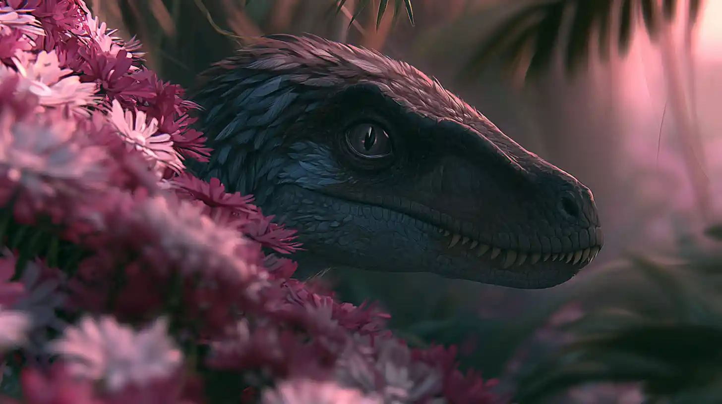 Gefiederter Velociraptor, der in Dschungelblumen in der Dämmerung getarnt ist