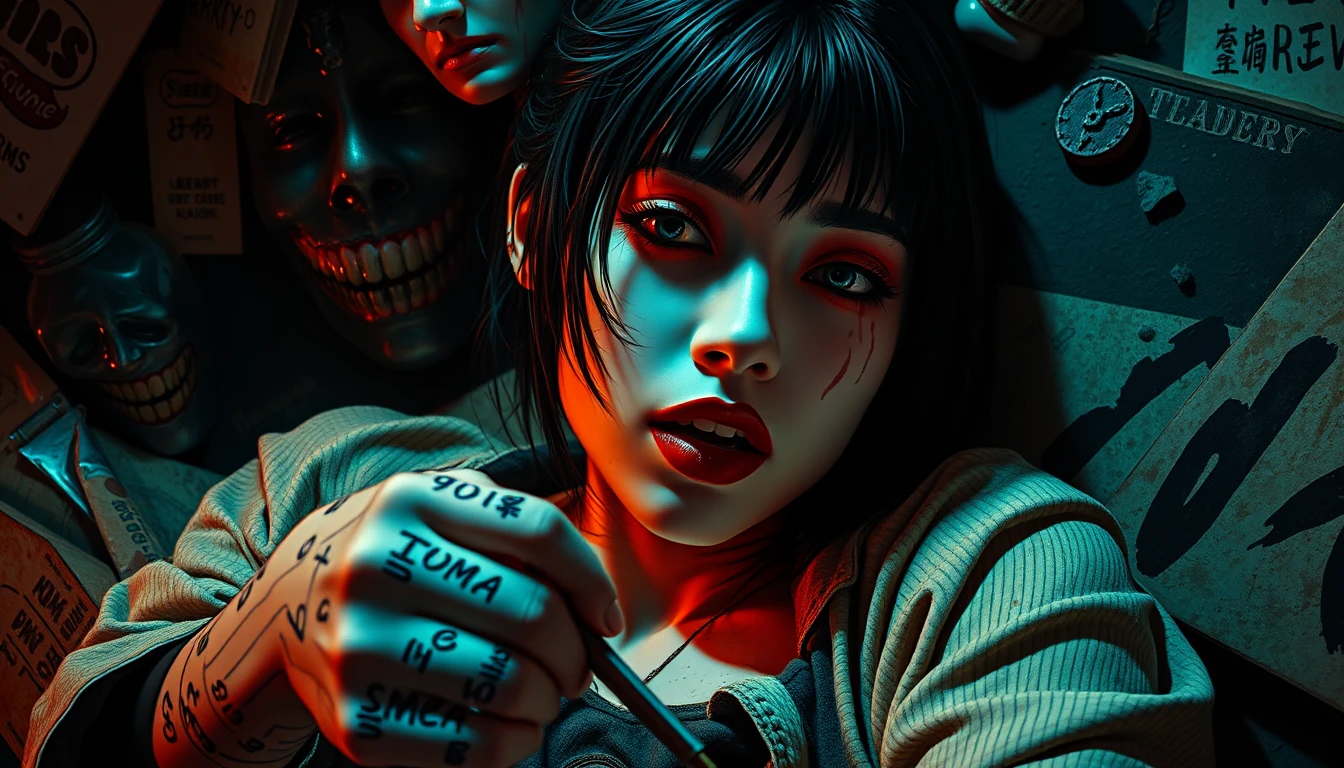 Mulher grotesca pop surreal em uma cena escura e caótica