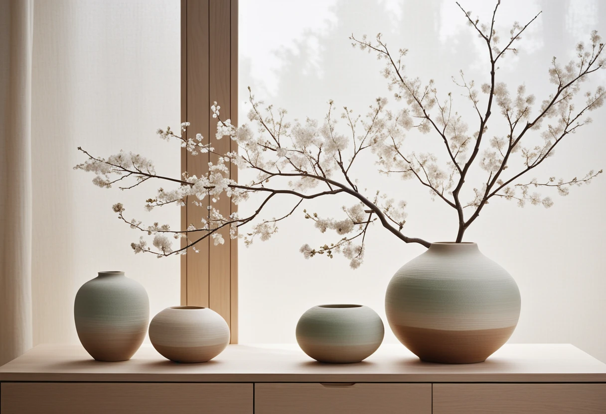 Stilles Japandi-Interieur mit Keramik und sanftem Tageslicht