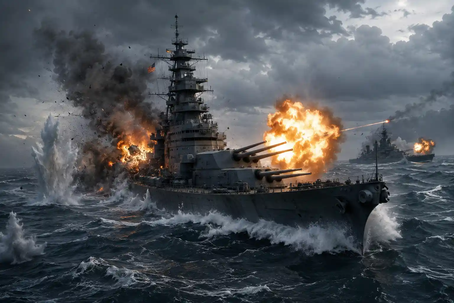 Battleship Trading Fire On Rough Open Sea Waters