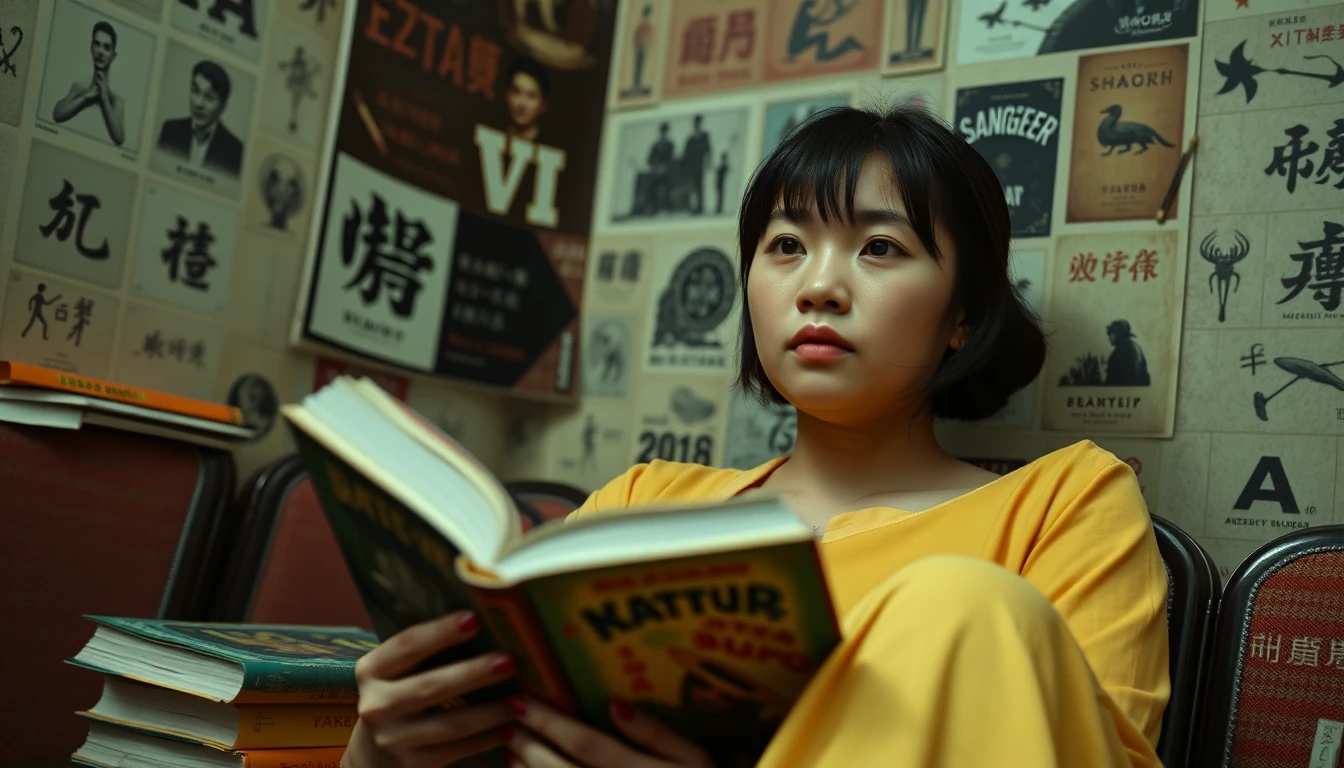 Jovem mulher em uma biblioteca sombria e surreal ao luar
