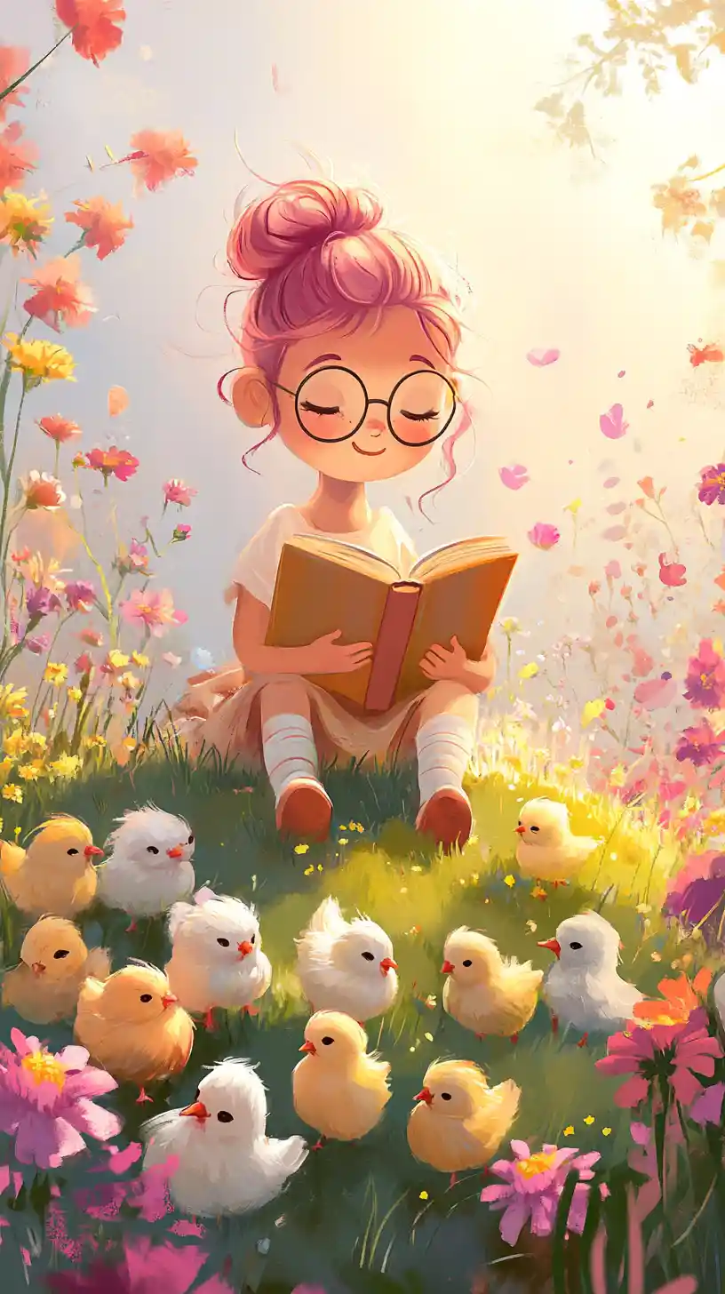 Pink haired girl reading on a flower covered hill