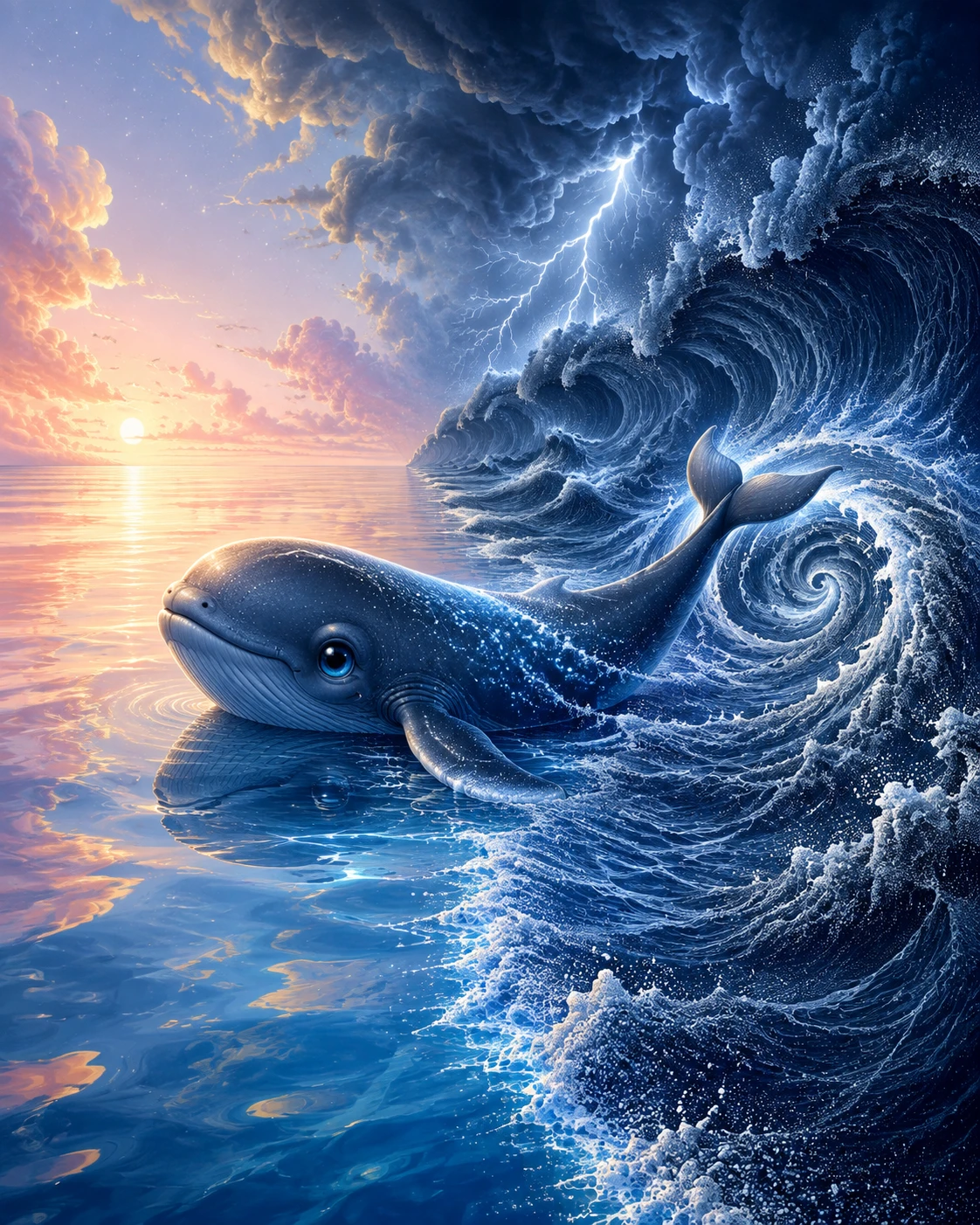 Filhote de baleia cruzando entre mares calmos e tempestuosos