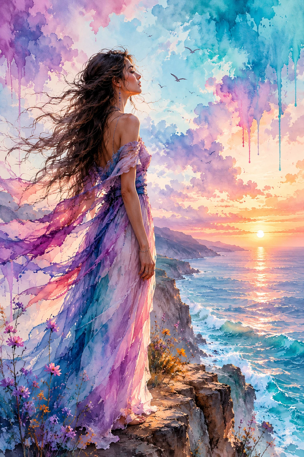 Mulher Sonhadora em Aquarela em Penhasco Sobre Horizonte Marinho Desfocado