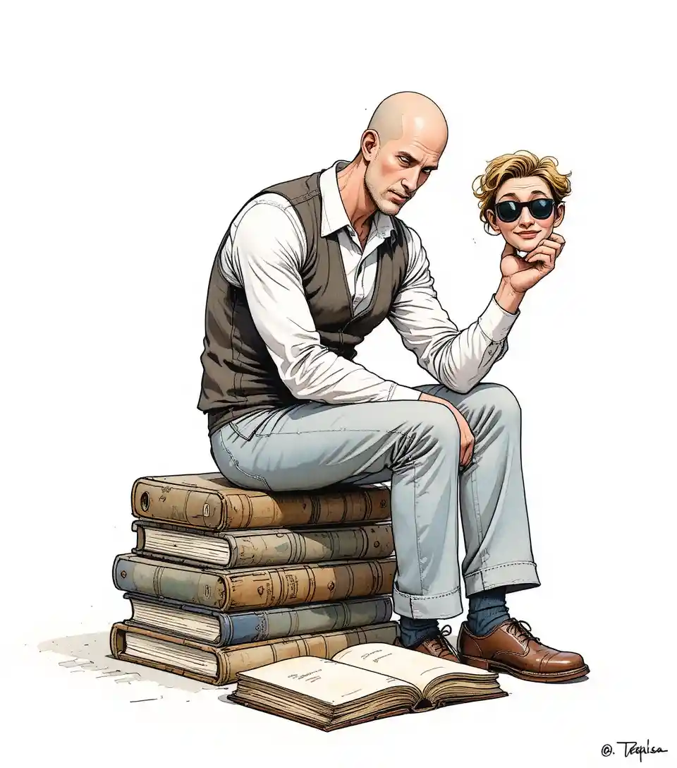Headless man seated on old books holding his own head