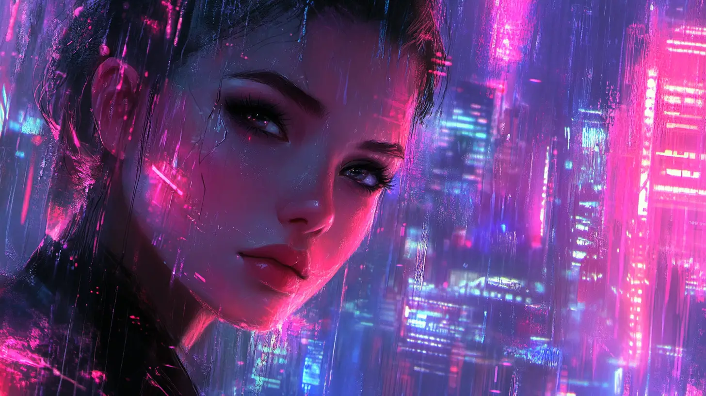 Beautiful Woman In A Neon Cyberpunk City At Night