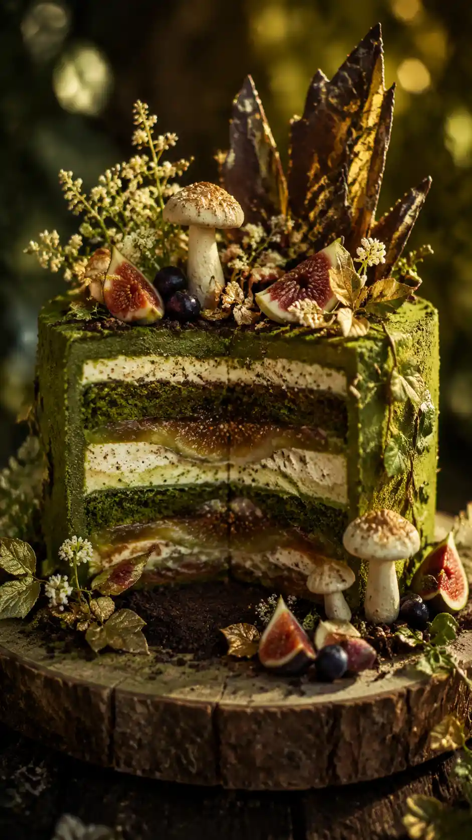 Bolo de matcha florestal cinematográfico em tábua rústica de madeira