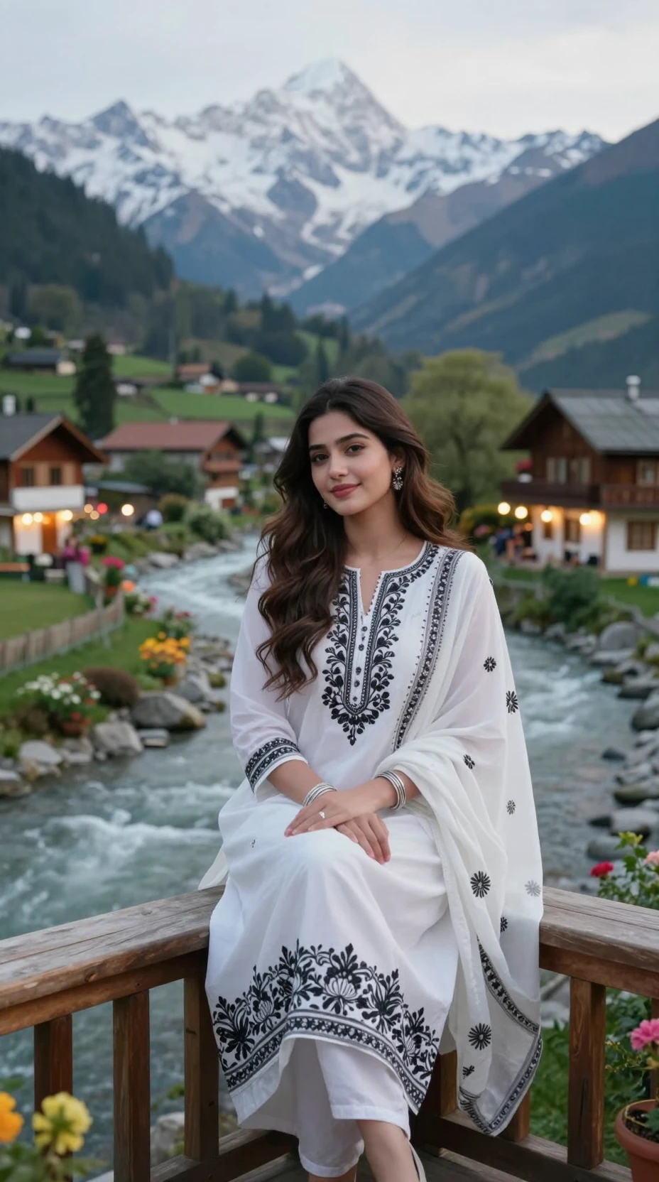 Jeune femme sur un balcon en bois au bord d’une rivière de montagne