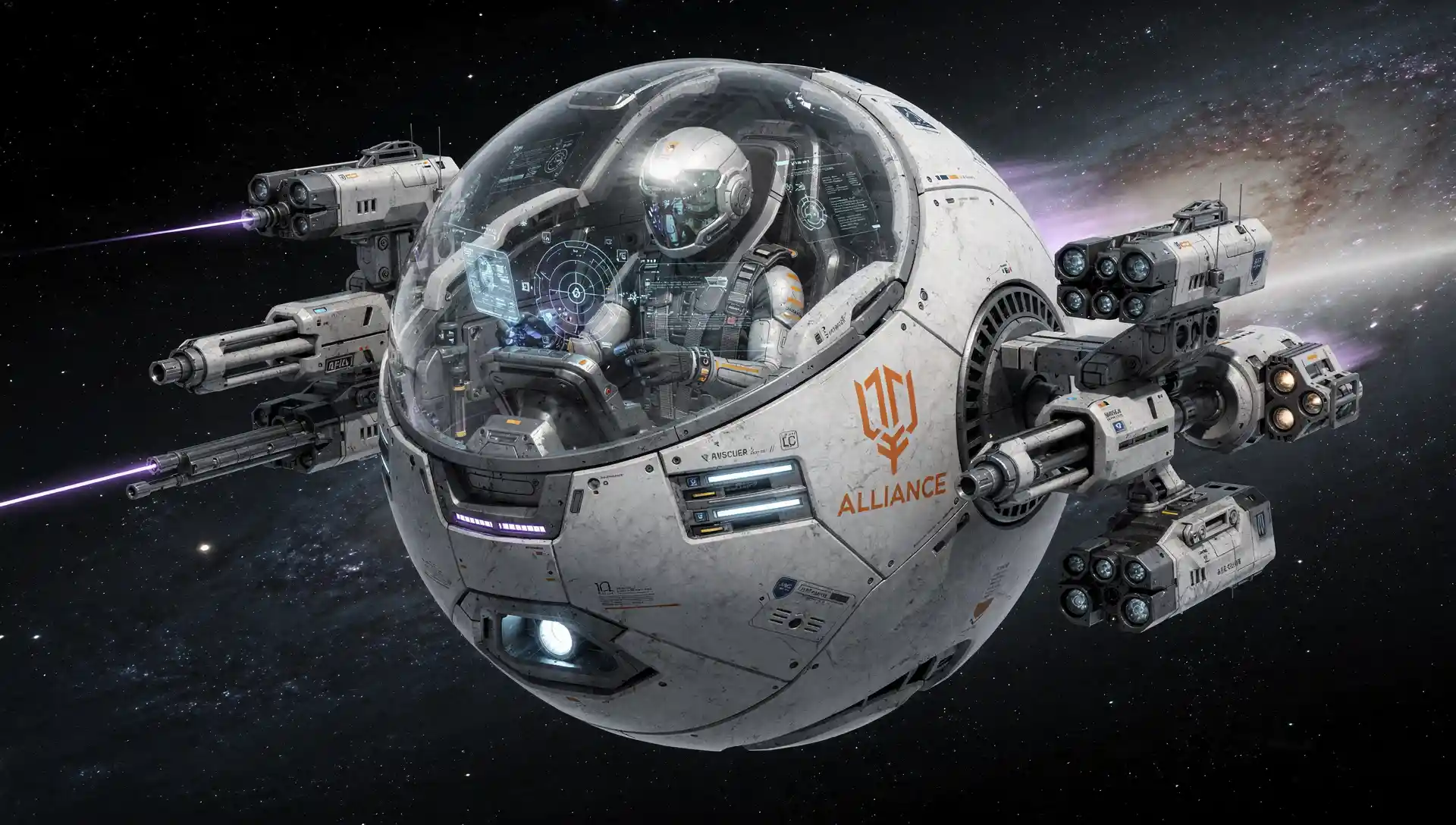 Caza espacial esférico monoplaza con cabina de piloto visible