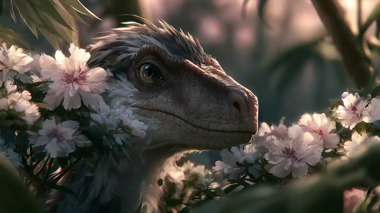 Vélociraptor à plumes caché parmi les fleurs de la jungle au crépuscule