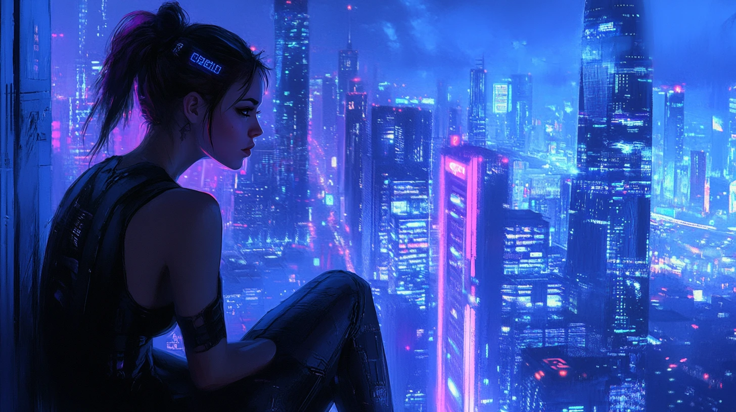 夜色中霓虹賽博龐克城市裡的美麗女子