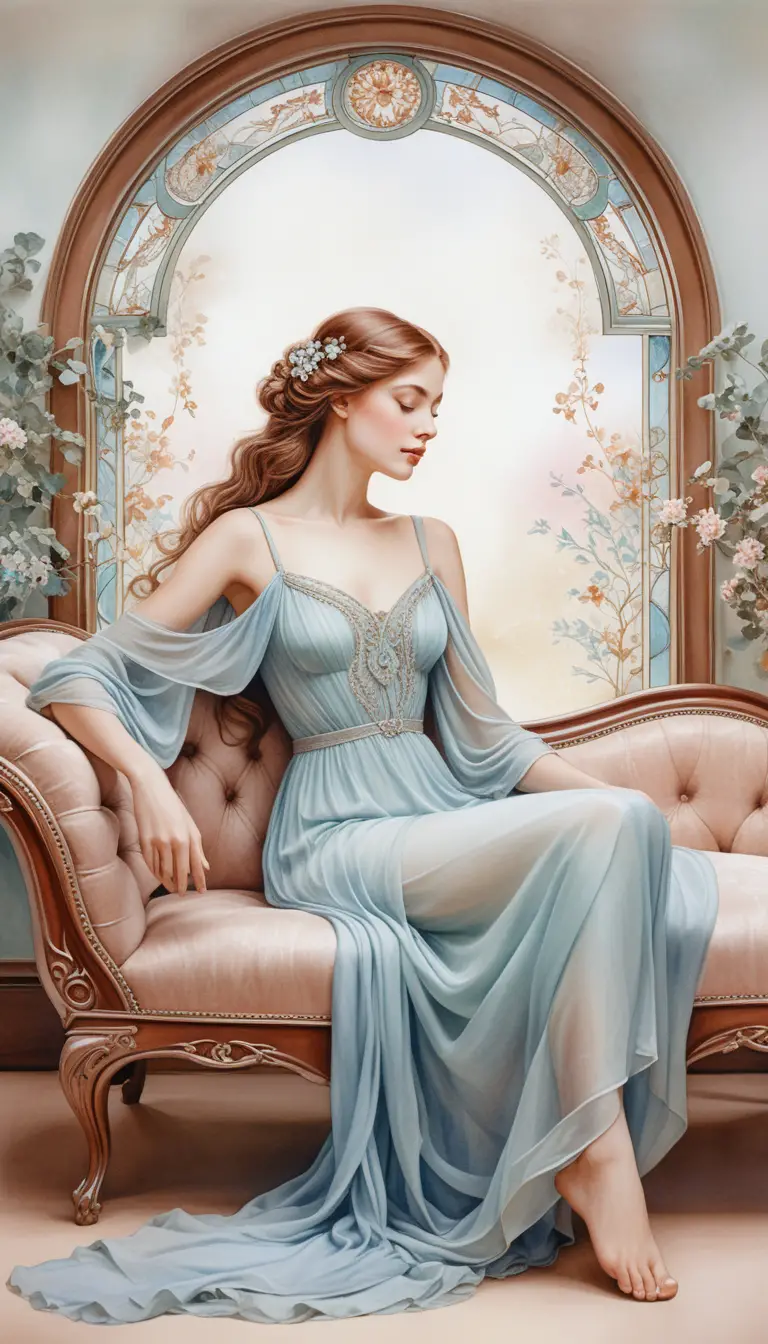 Graceful woman resting on ornate art nouveau chaise lounge