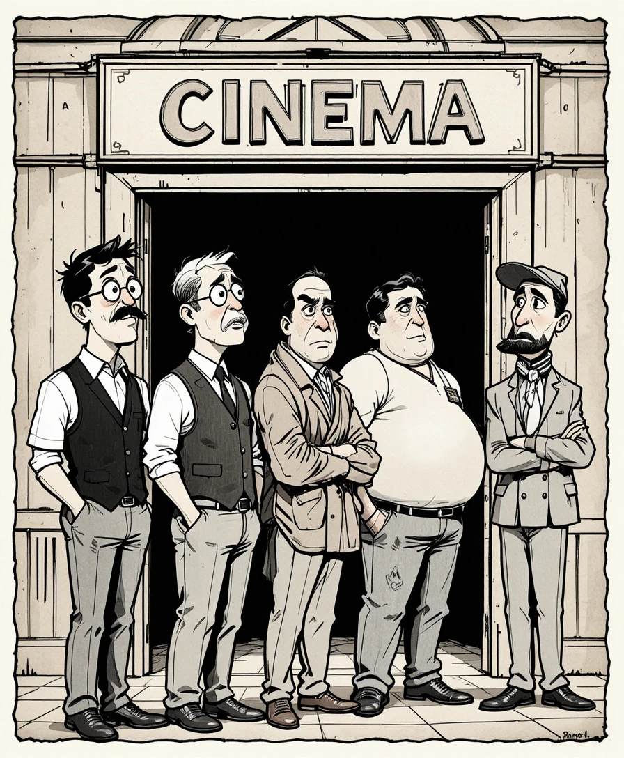 Fünf Cartoon-Männer vor einem Vintage-Kino in der Schlange