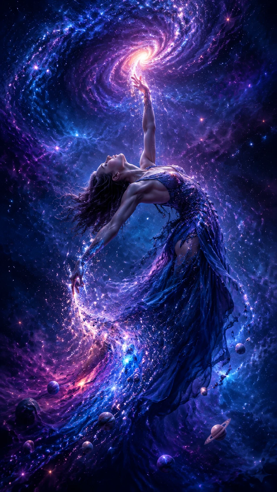 Bailarina contemporânea se curvando em uma galáxia cósmica em espiral