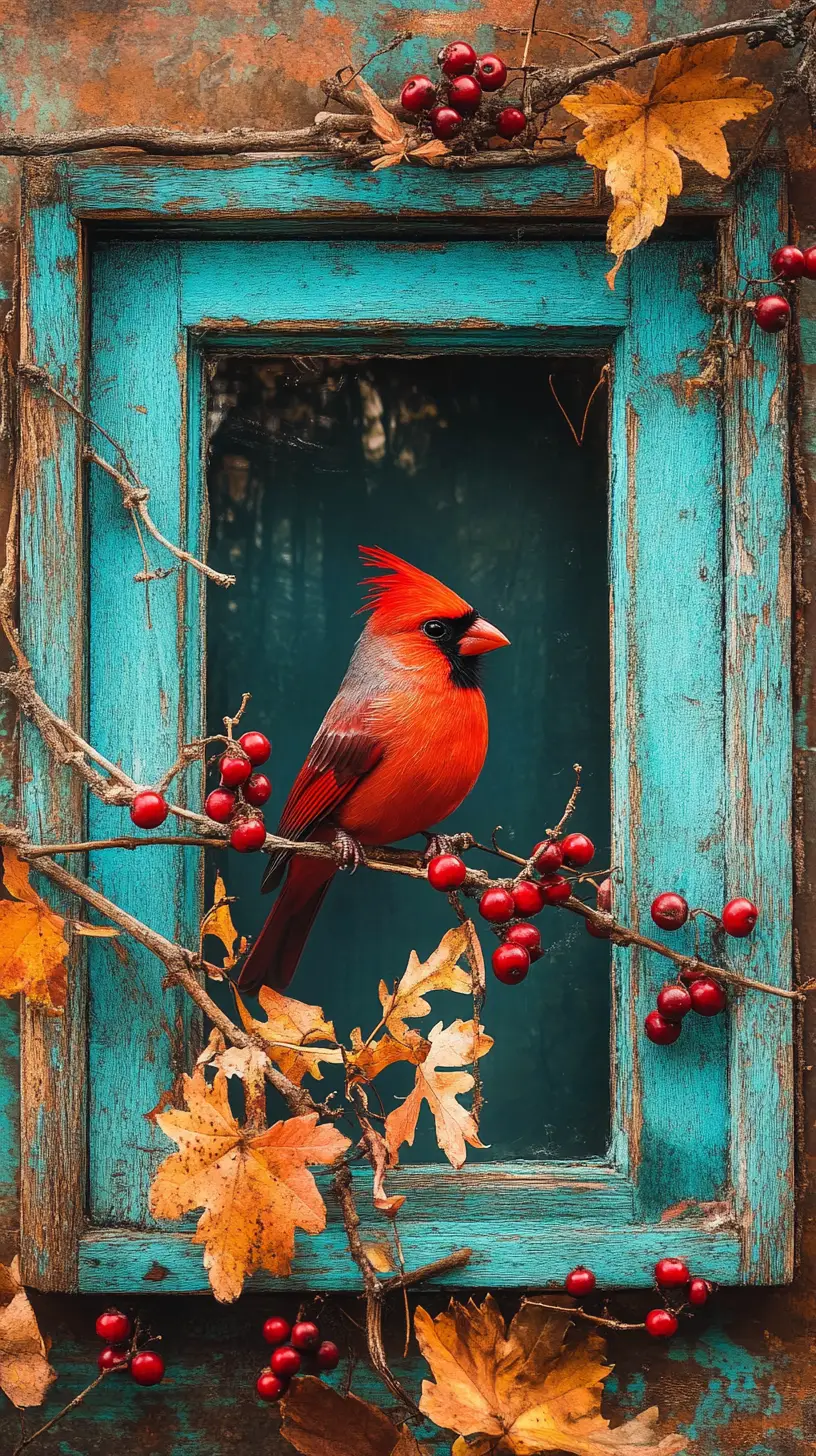 Roter Vogel auf einem Ast neben einem alten türkisfarbenen Fenster