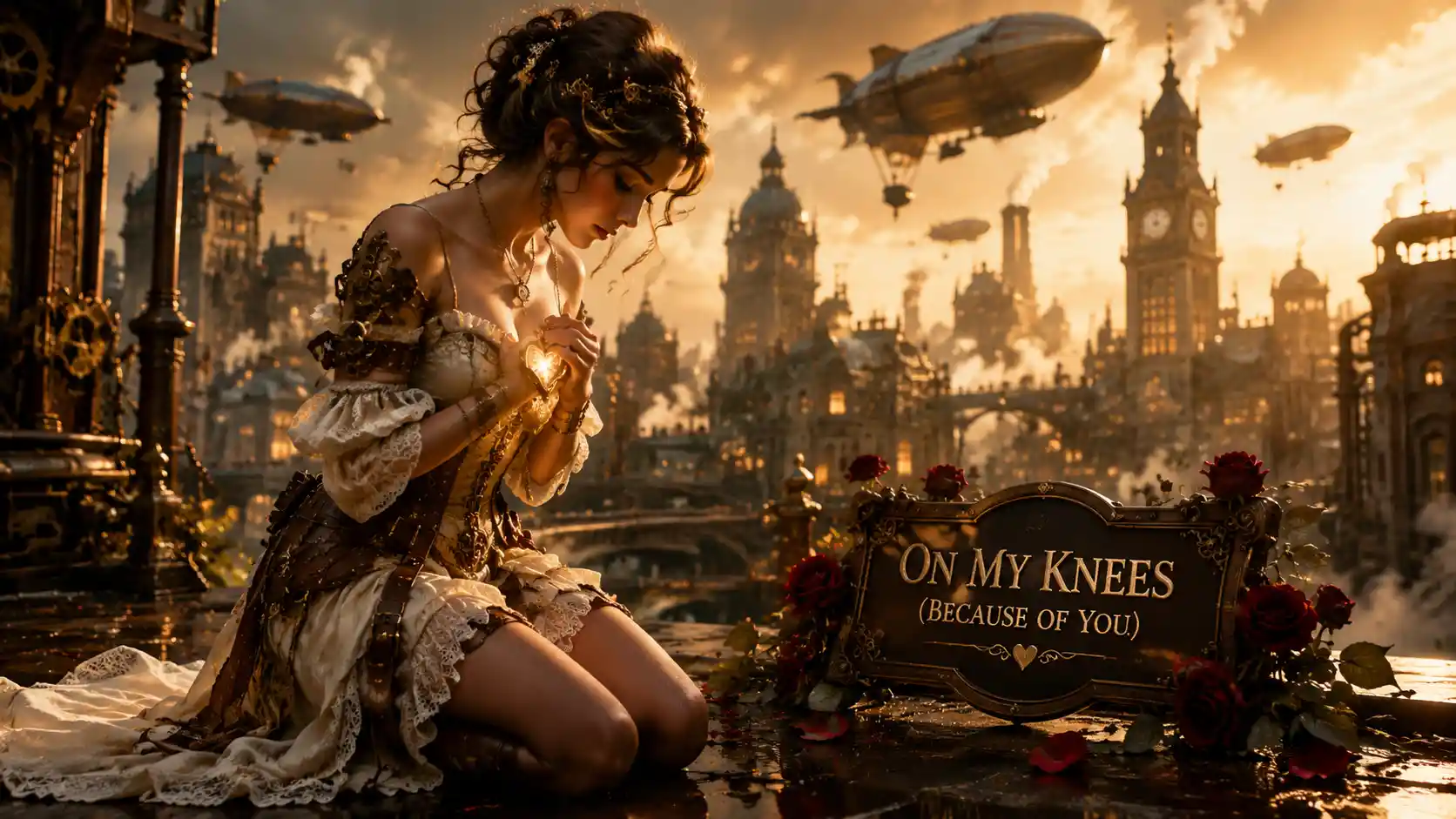 Beautiful woman in a steampunk city love song cover