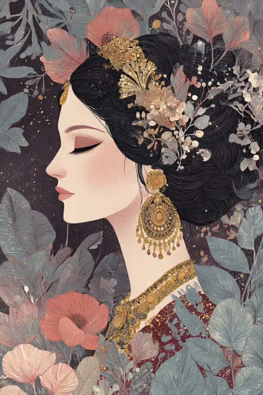Retrato elegante de diva russa com ilustração digital floral