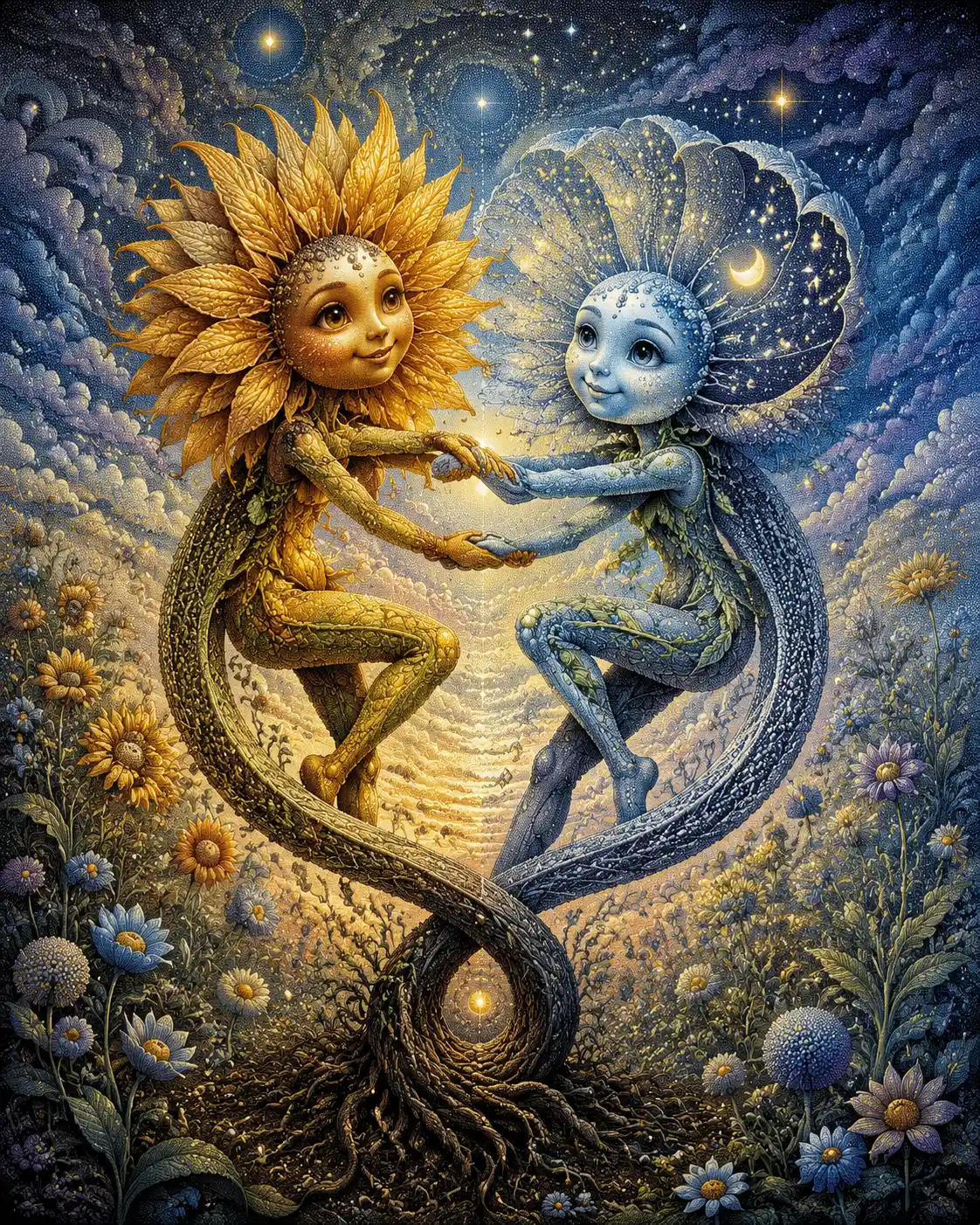 Dancing Anthropomorphic Flowers In A Surreal Fantasy Garden