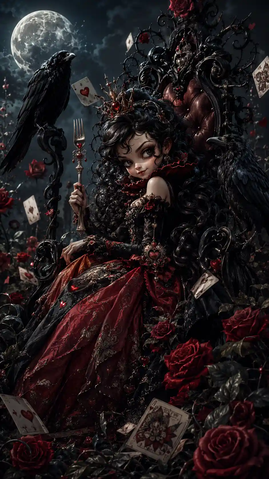 Rainha fada gótica em um imponente trono de veludo preto