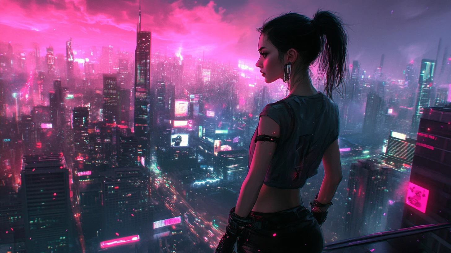 Linda garota em uma cidade cyberpunk brilhante à noite