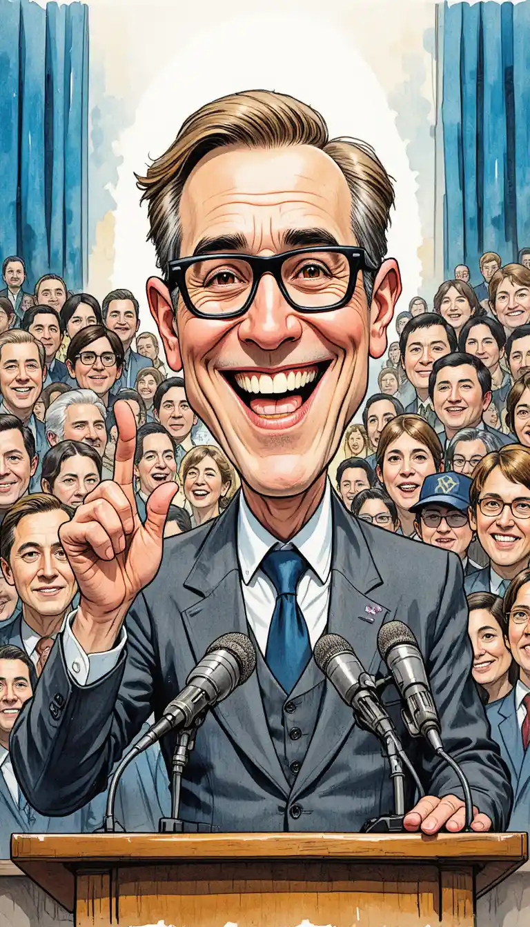 Cartoon politician speaking at podium with cheering crowd