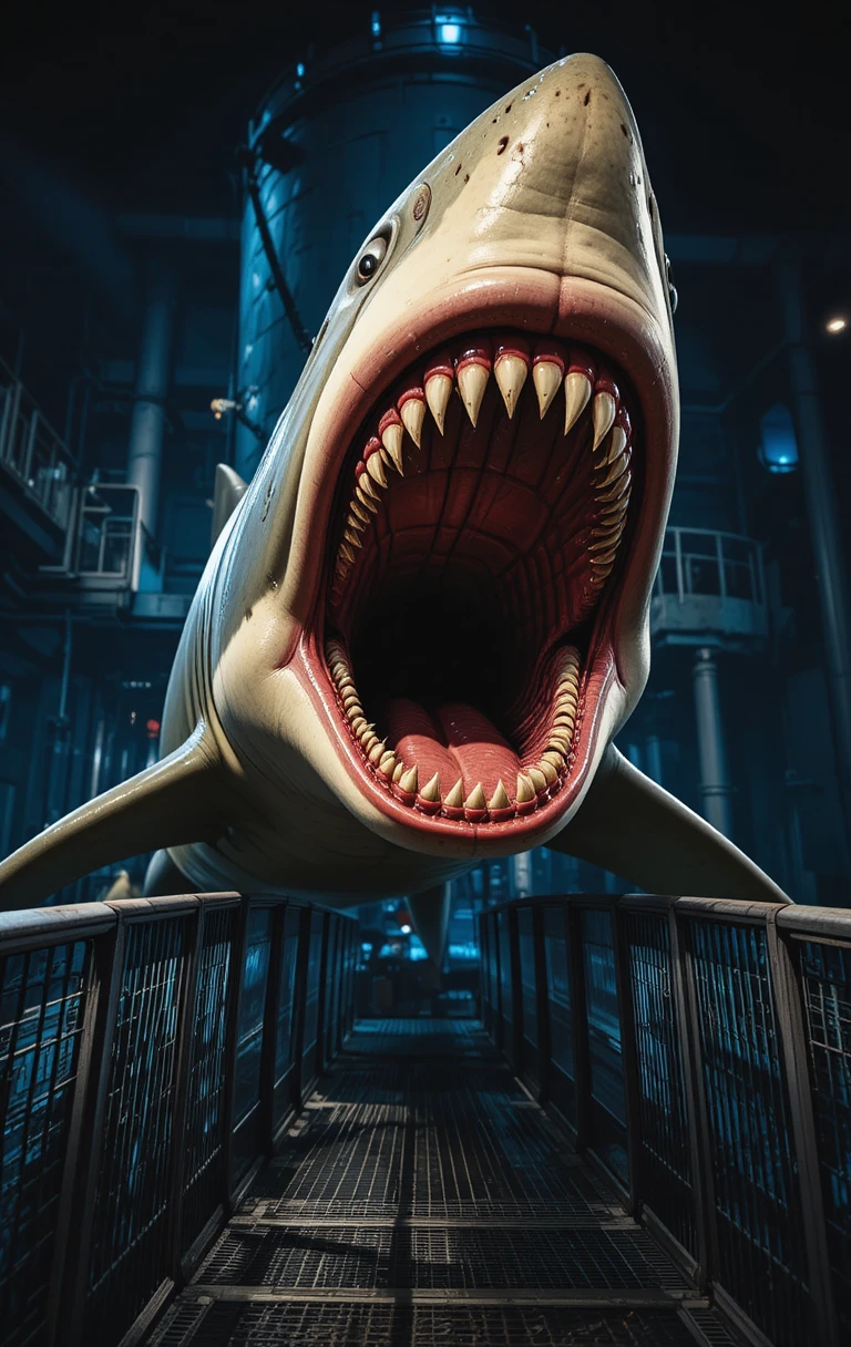 Animatronic shark lunging with jaws open in dark exhibit