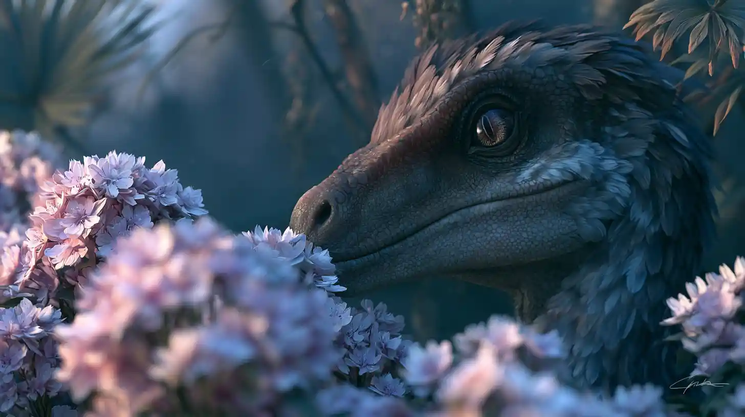 Velocirráptor emplumado oculto entre flores al crepúsculo de la jungla