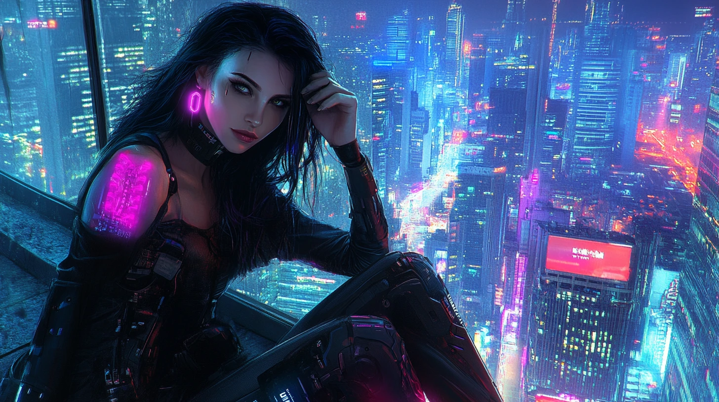 Mulher bonita em cidade cyberpunk neon – capa de música romântica