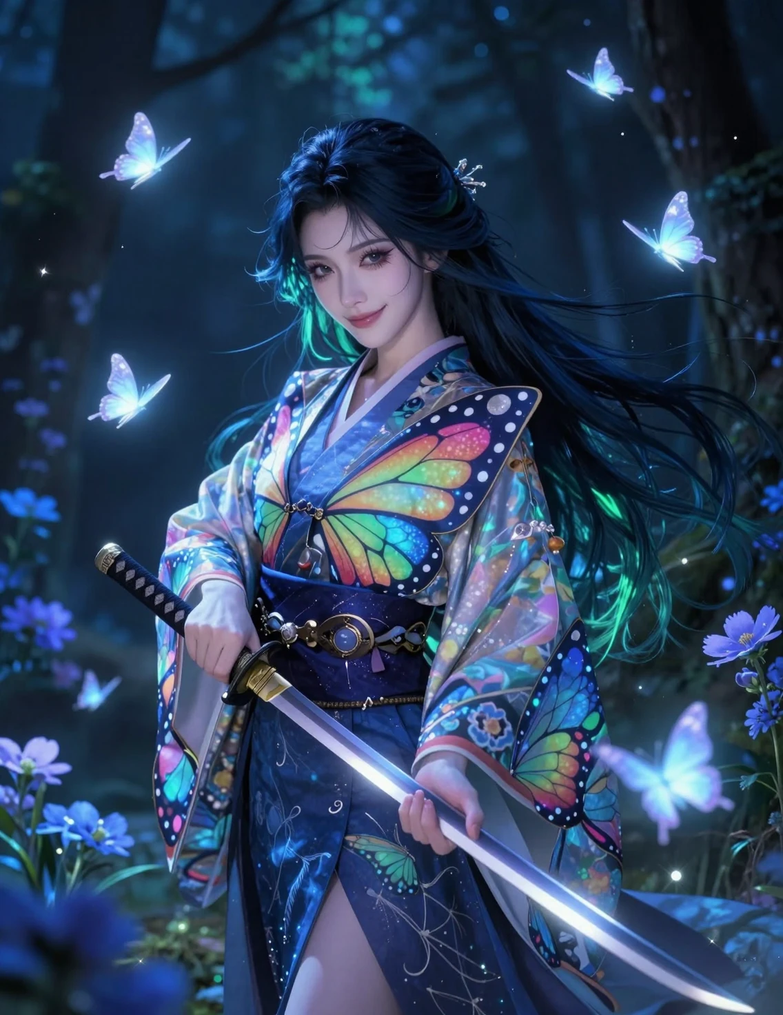 Elegant demon hunter in a glowing fantasy forest